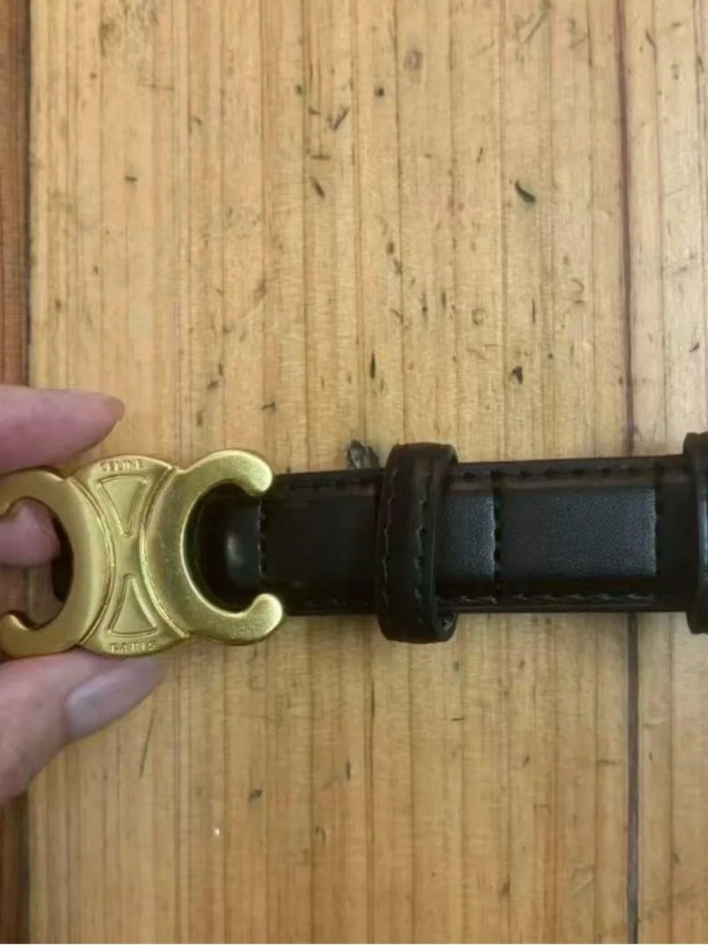 Celine Black Leather Belt with Gold Triomphe Buckle